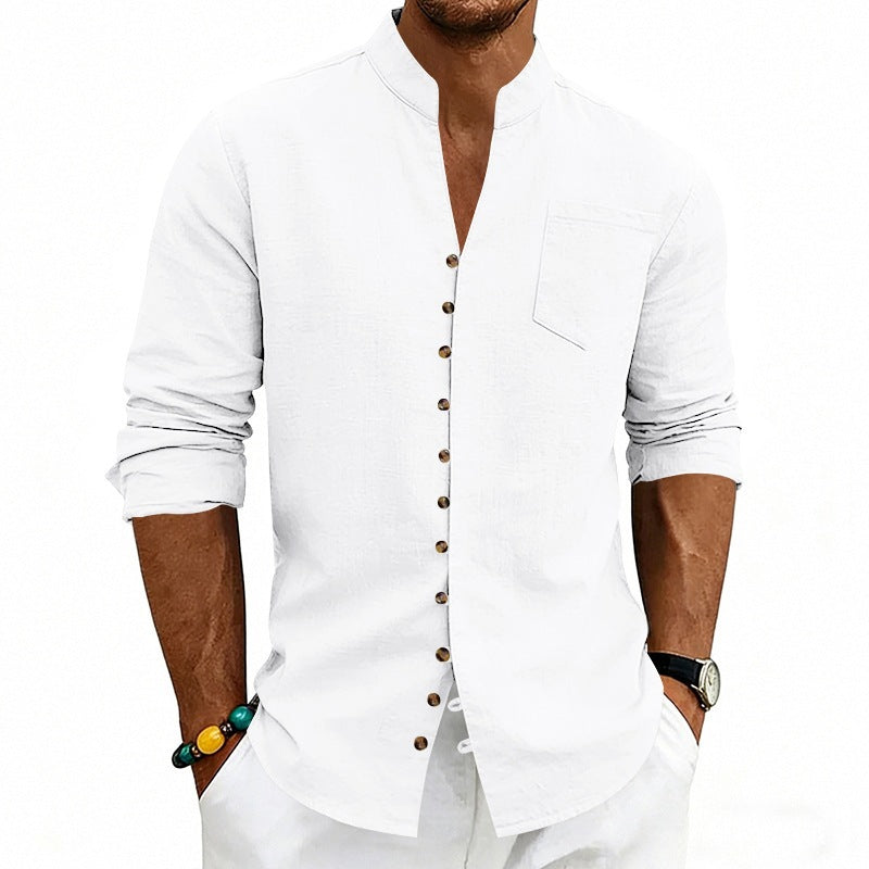 Men's shirt with stand-up collar and asymmetrical button placket made of linen mix Chichicherry