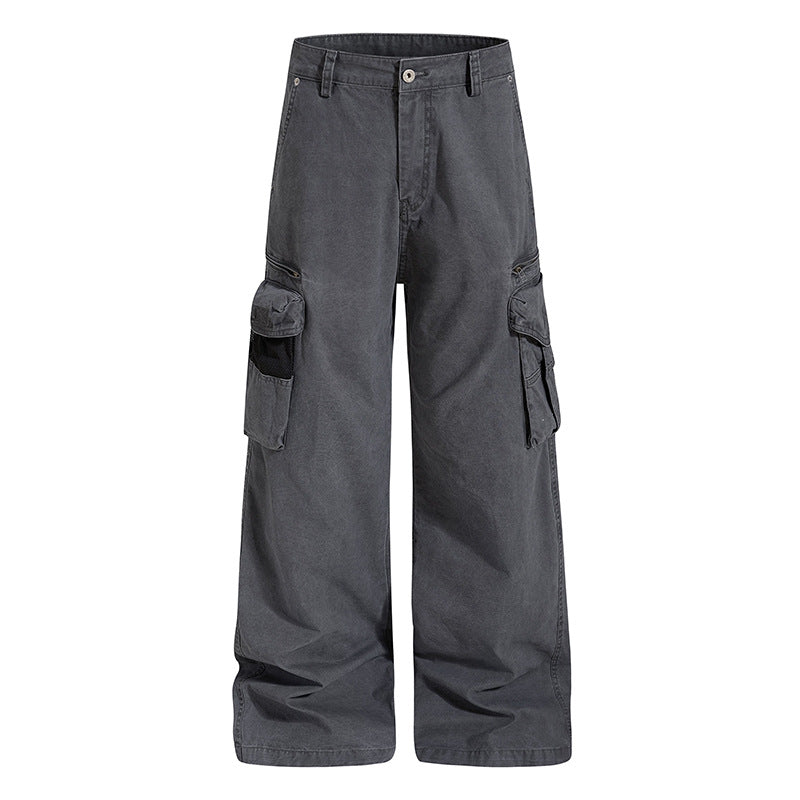 Women's Loose High-Waist Canvas Cargo Pants with Multi-Pockets and Mesh Details Chichicherry