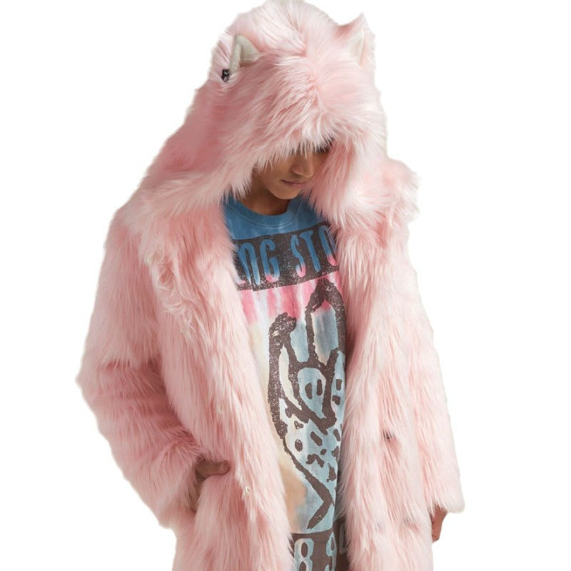Women's Longer Hooded Faux Fur Coat with Animal Ears and Fluffy High Pile Chichicherry