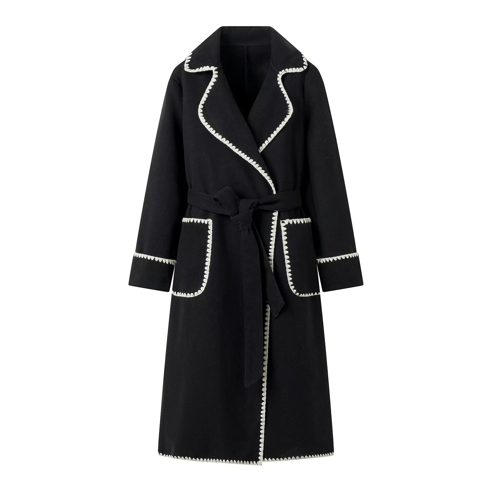 Women's Midi-Length Wool Blend Coat with Tie Belt and Zigzag Trim Chichicherry