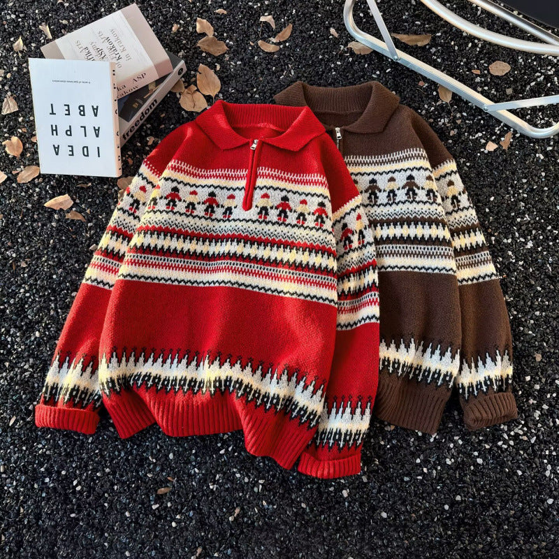 Damen Jacquard-Halbzip-Pullover mit Polokragen und Norweger‑Intarsie Chichicherry