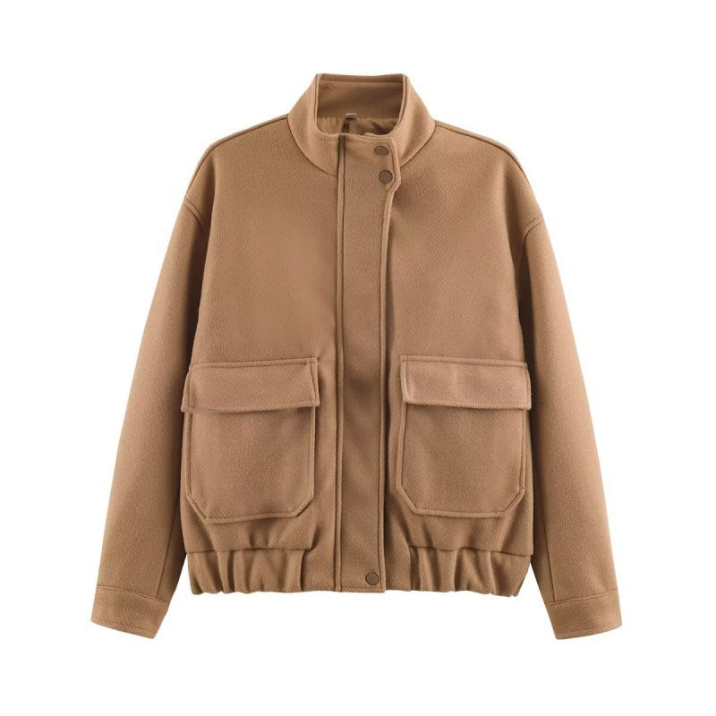 Women's Boxy Wool Blouson with Stand-up Collar, Large Flap Pockets and Elastic Hem Chichicherry