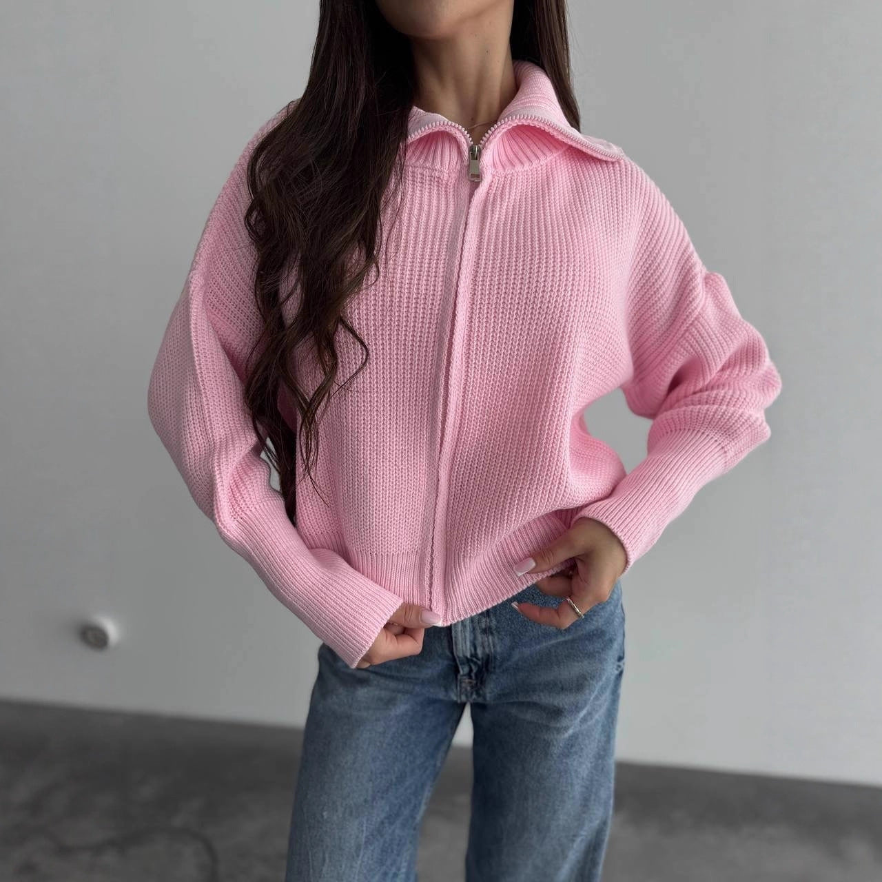 Damen Grobstrick-Zipper-Cardigan mit Ballonärmeln und Stehkragen Chichicherry