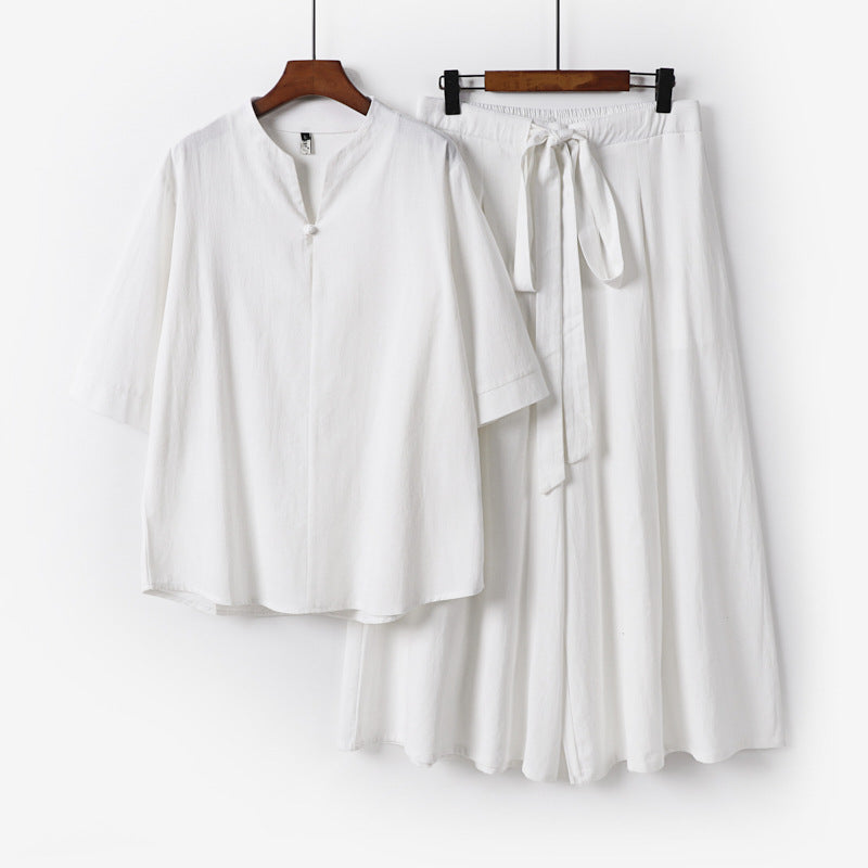 Women's Casual Linen-Viscose Lounge Set with Stand Collar Top and Wide Palazzo Pants Chichicherry