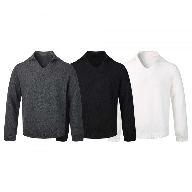 Men's fine knit sweater with V-neck and turned down shirt collar Chichicherry