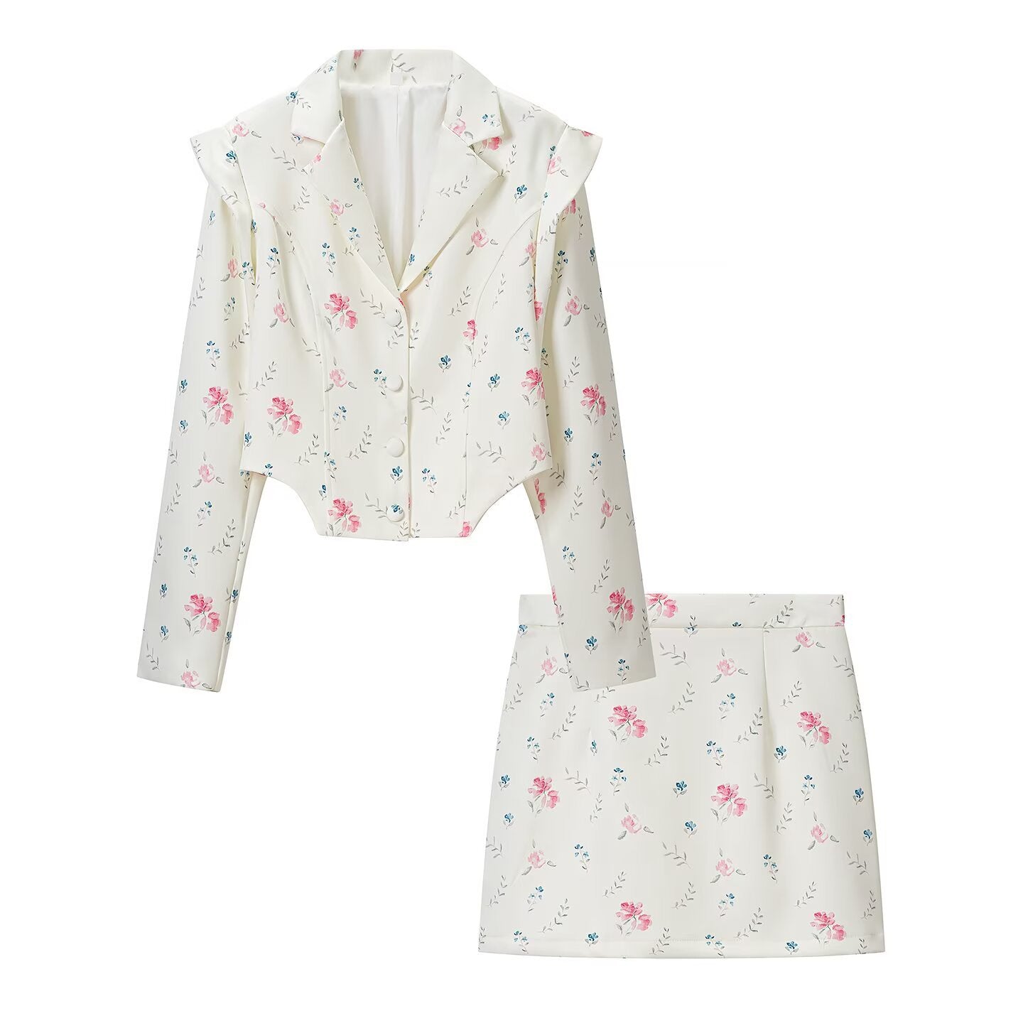 Women short blazer with floral all-over print, tailored silhouette and decorative shoulder details Chichicherry