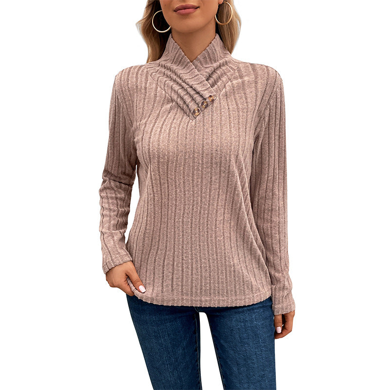 Ladies Ribbed Fine Knit Sweater with Asymmetric Stand Collar and Decorative Button Placket Chichicherry
