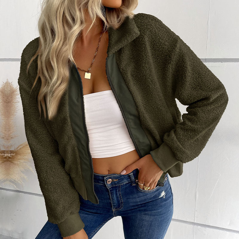 Women's Teddy Fleece Bomber Jacket with Stand-Up Collar, Full Zipper and Ribbed Cuffs Chichicherry