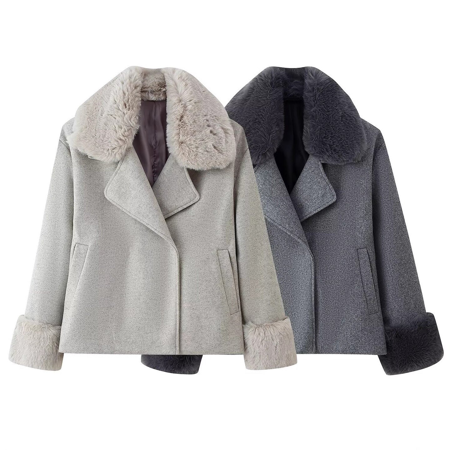 Women Short Wool Blend Coat with Removable Faux Fur Collar and Cuffs Chichicherry