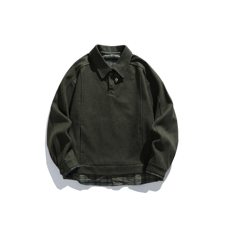 Men's Long-Sleeved Polo Sweatshirt with Kent Collar, Button Placket and Integrated Check Layer Chichicherry