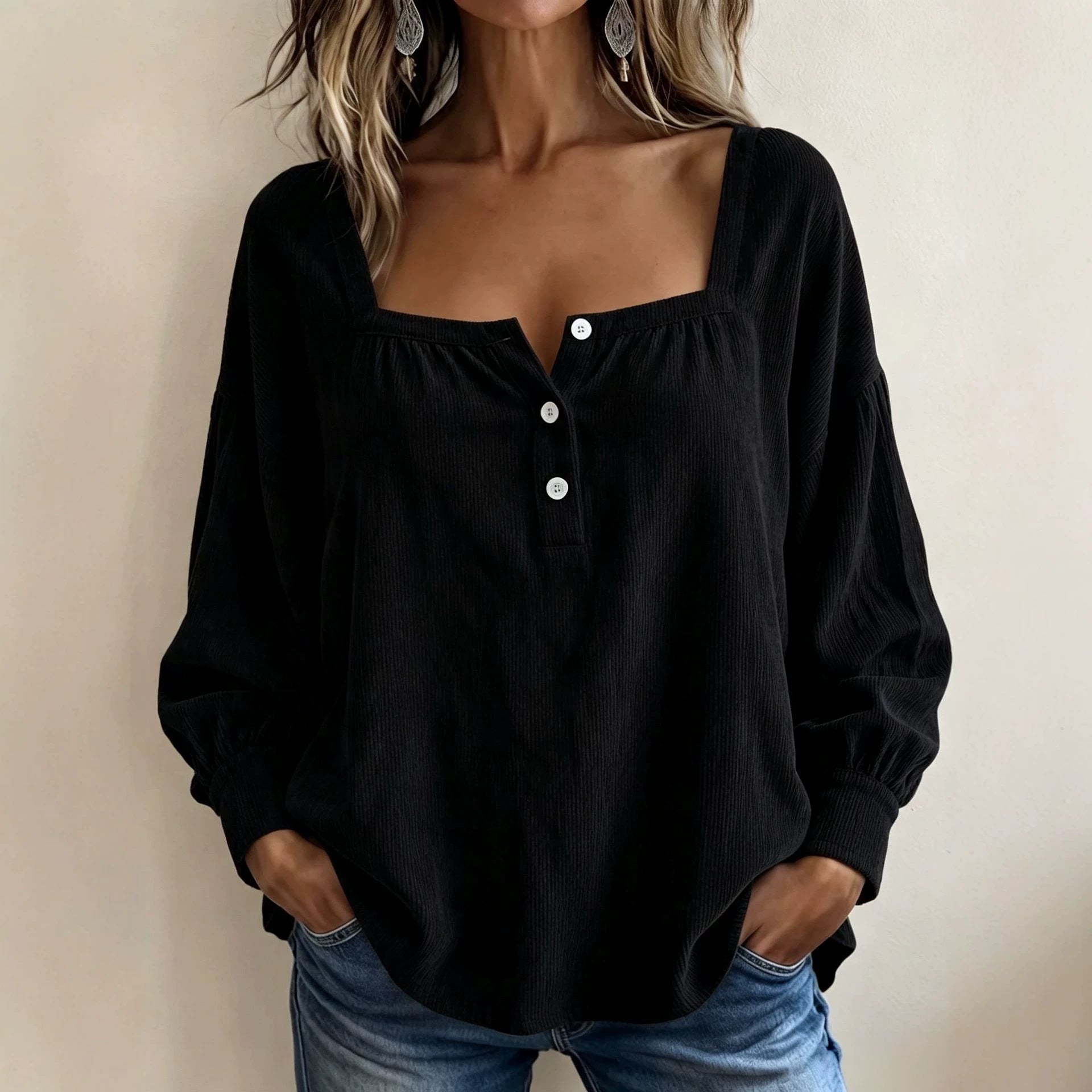 Women's Loose Blouse Shirt with Square Neckline, Button Placket and Balloon Sleeves Chichicherry