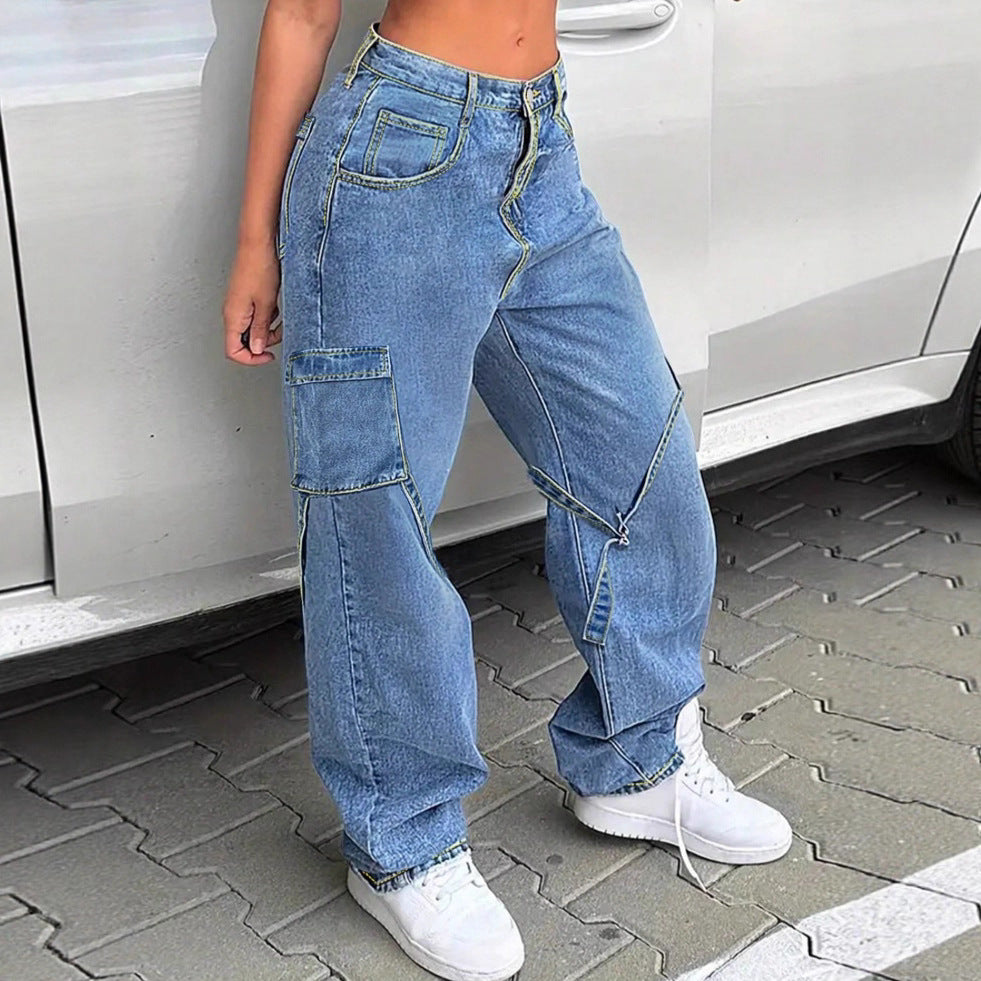 Women's Casual Baggy Cargo Jeans with Adjustable Straps and Flap Pockets Chichicherry
