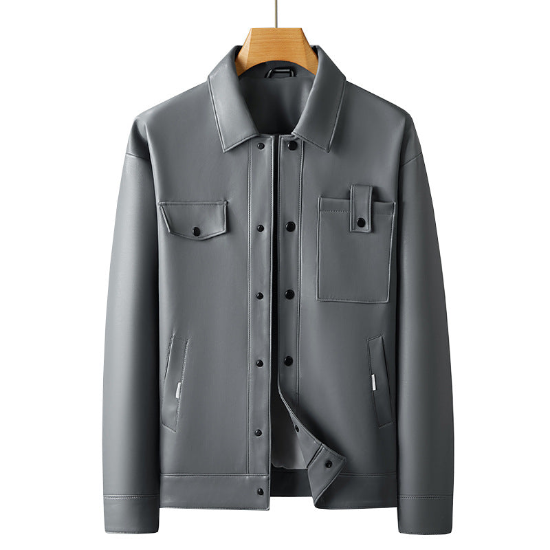 Men's Faux Leather Overshirt Jacket with Utility Chest Pocket and Snap Button Placket Chichicherry