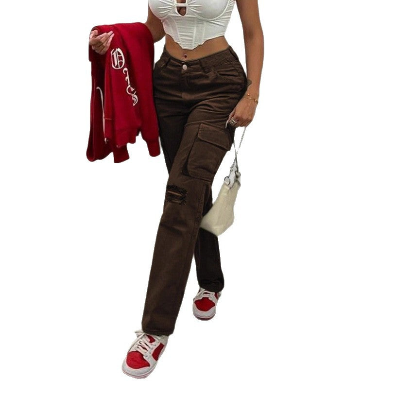 Women's cargo jeans with high waist, straight leg, knee rips, and patch cargo pockets Chichicherry
