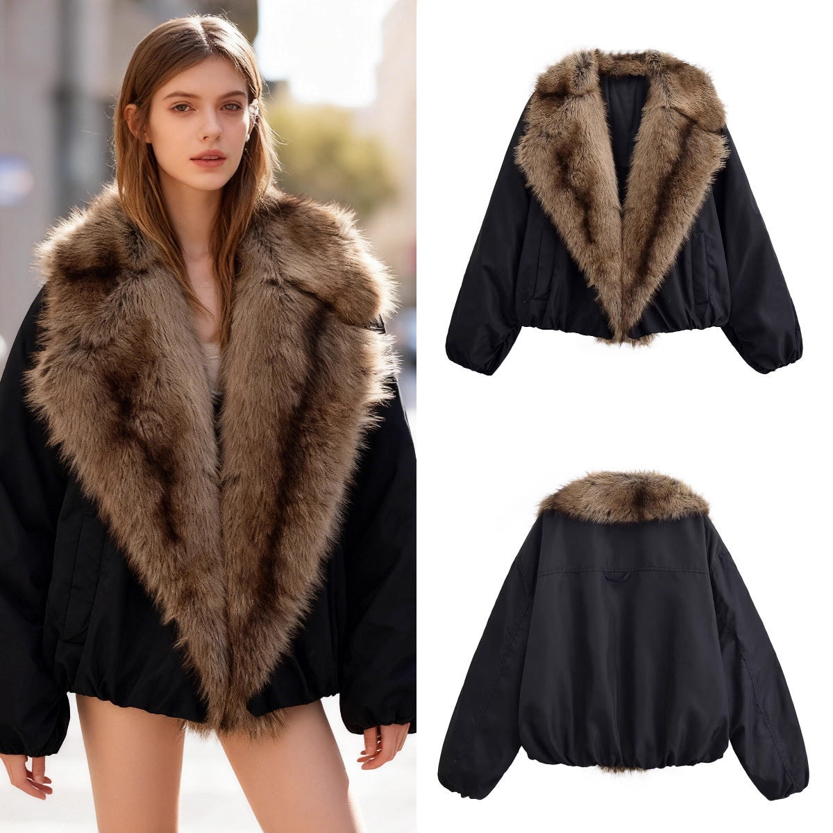 Ladies Short Quilted Bomber Jacket with Voluminous Faux Fur Shawl Collar Chichicherry