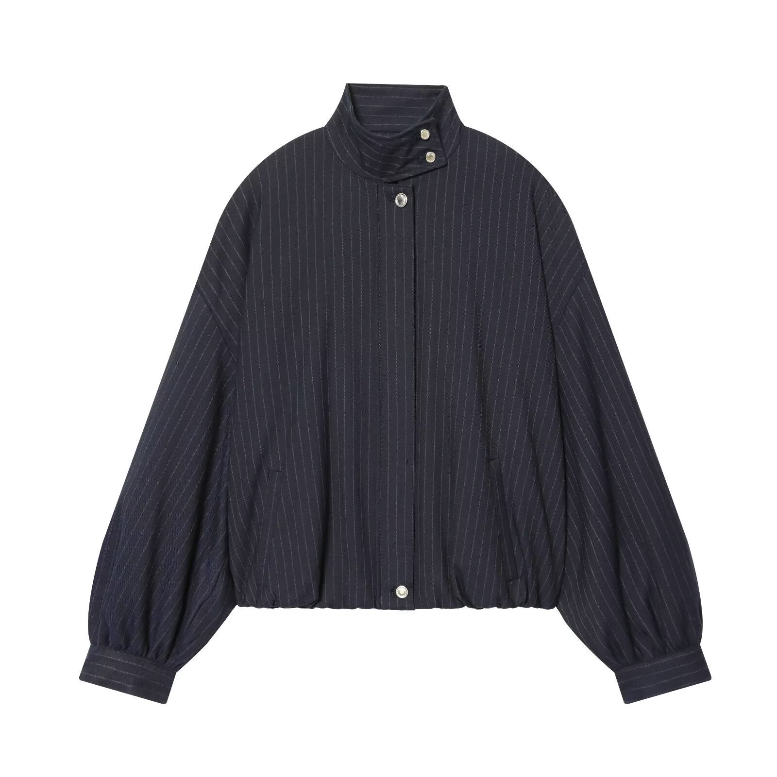 Ladies Short Pinstripe Blouson Jacket with Stand Collar, Balloon Sleeves and Elastic Hem Chichicherry