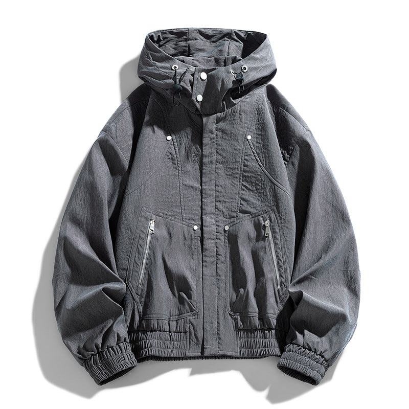 Men's Oversize Canvas Utility Hoodie Jacket with Hidden Snap Button Placket and Zipper Pockets Chichicherry
