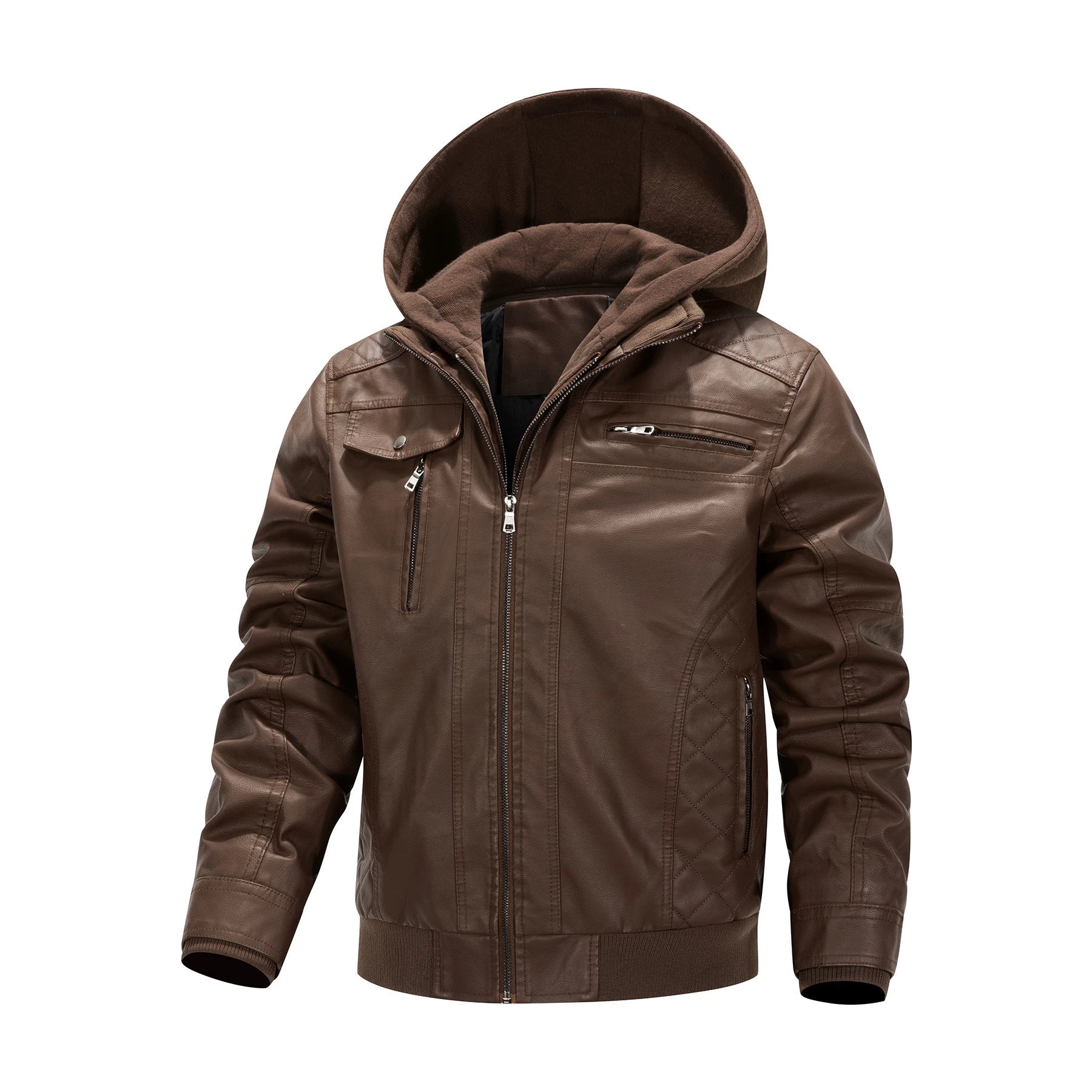 Men's Faux Leather Biker Jacket with Removable Hood Panel and Quilted Side Panels Chichicherry