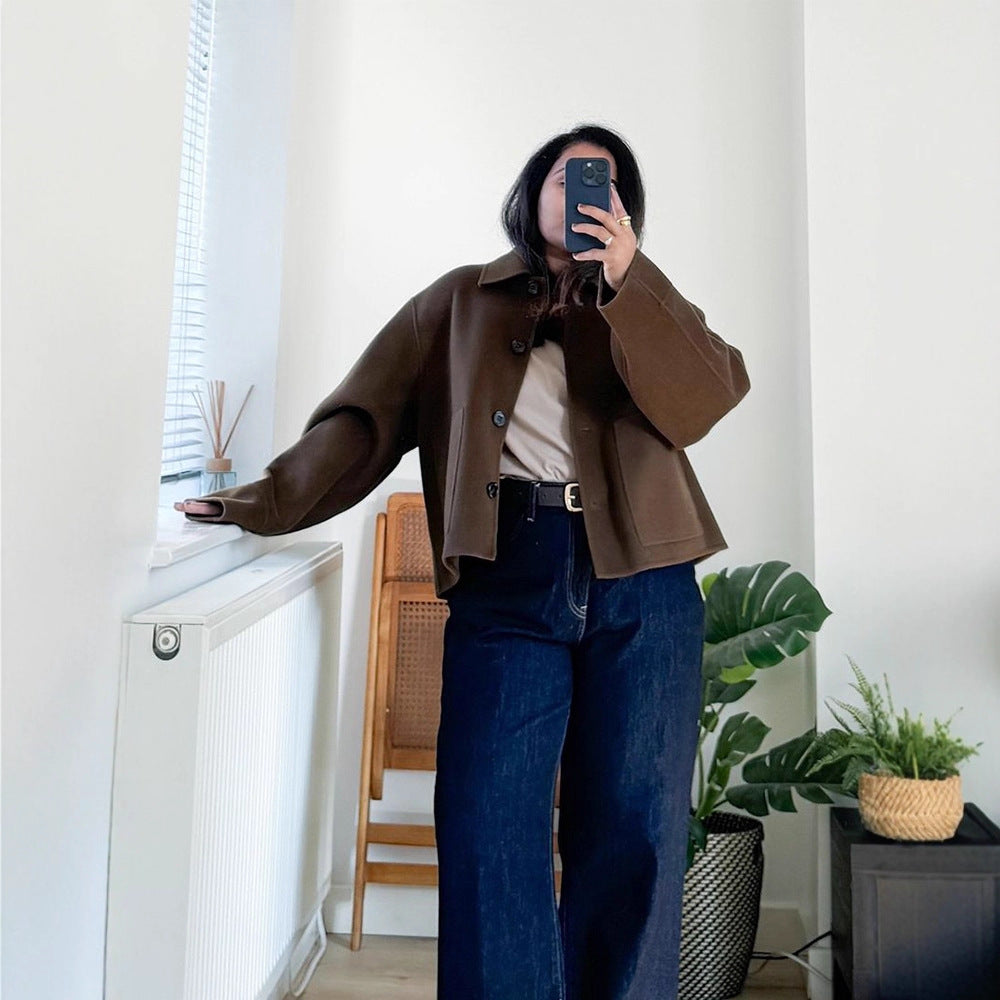 Women Short Wool Blend Blazer with Boxy Silhouette and Extra Long Sleeves Chichicherry