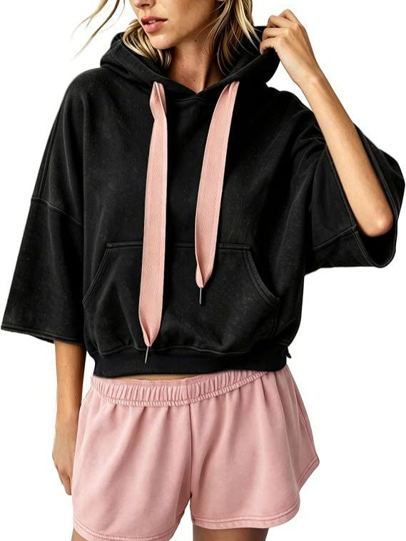 Women's Cropped Hoodie with 3/4 Sleeves and Kangaroo Pocket Chichicherry