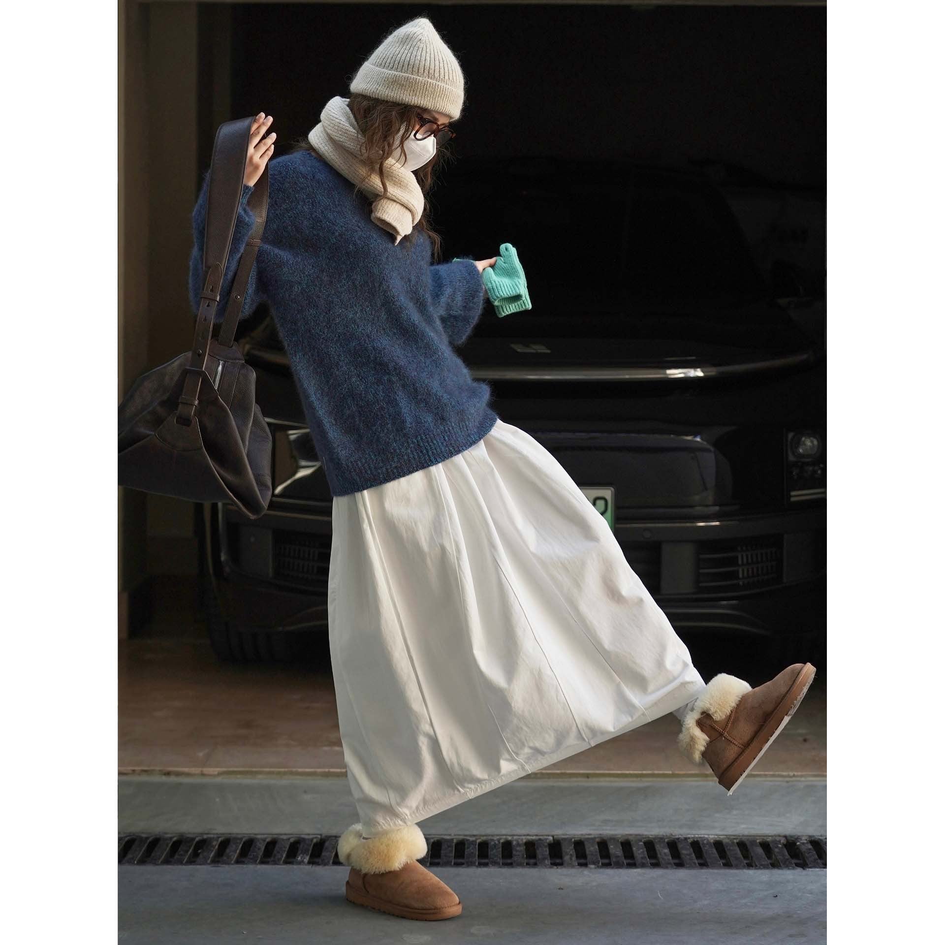 Women Wide Midi-Length Pleated Skirt with Elastic Button Waistband Chichicherry