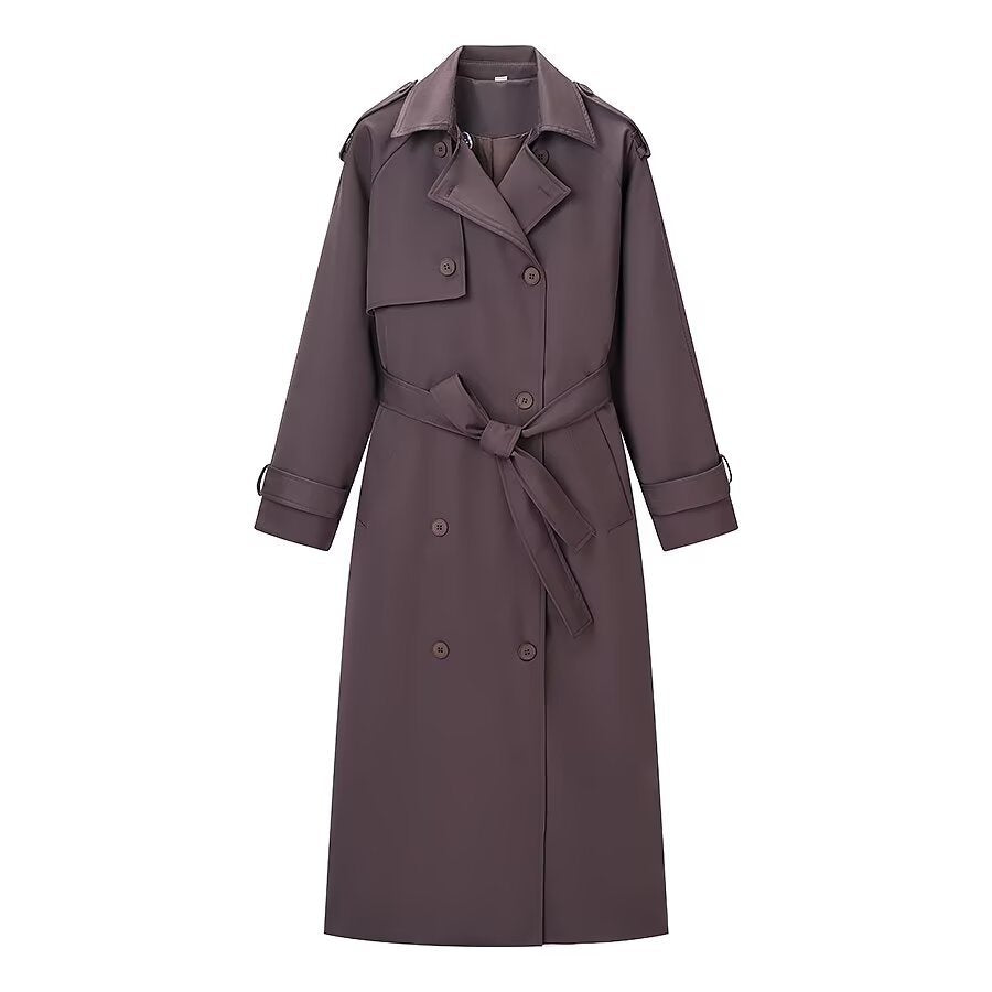 Women's Longer Tailored Trench Coat with Tie Belt and Double Row Chichicherry