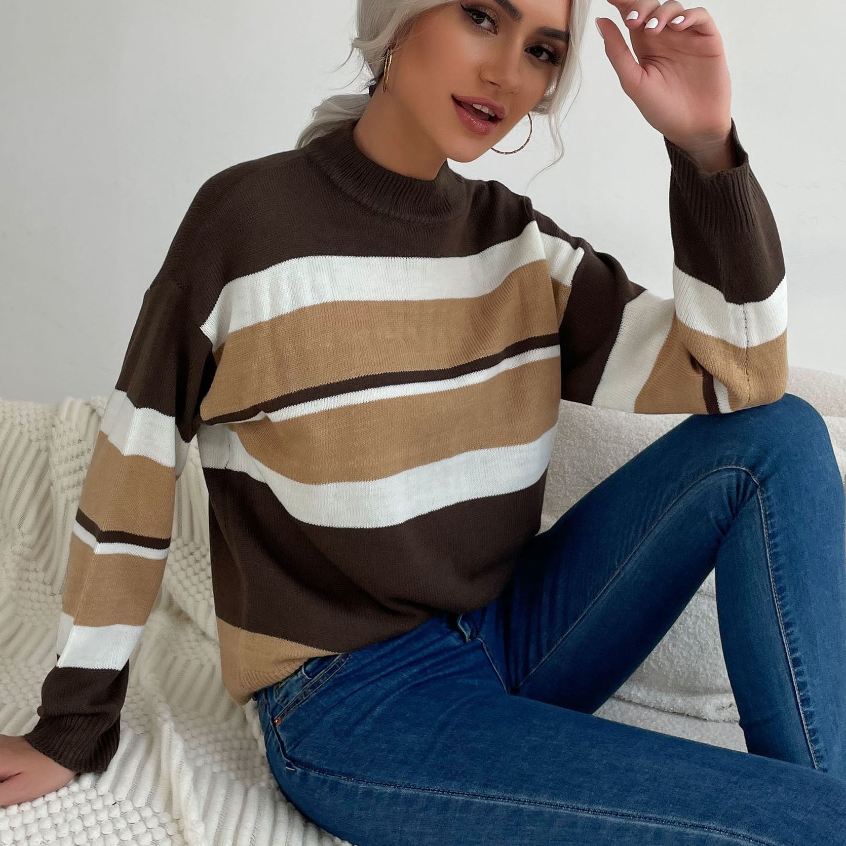 Women's Striped Fine Knit Sweater with Stand-Up Collar Chichicherry