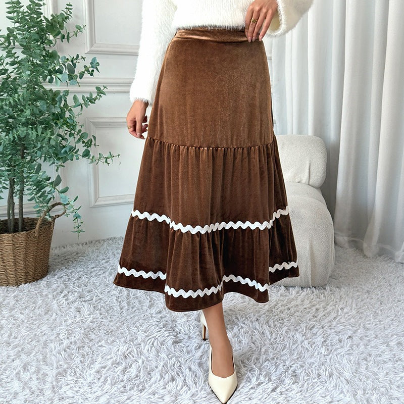 Women's Tailored Velvet Midi Skirt with Tiered Ruffles and Trimming Chichicherry