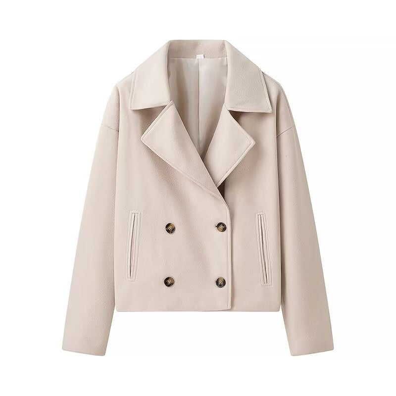 Women's Short Double-Breasted Boxy Peacoat made of Wool Blend with Wide Lapels Chichicherry
