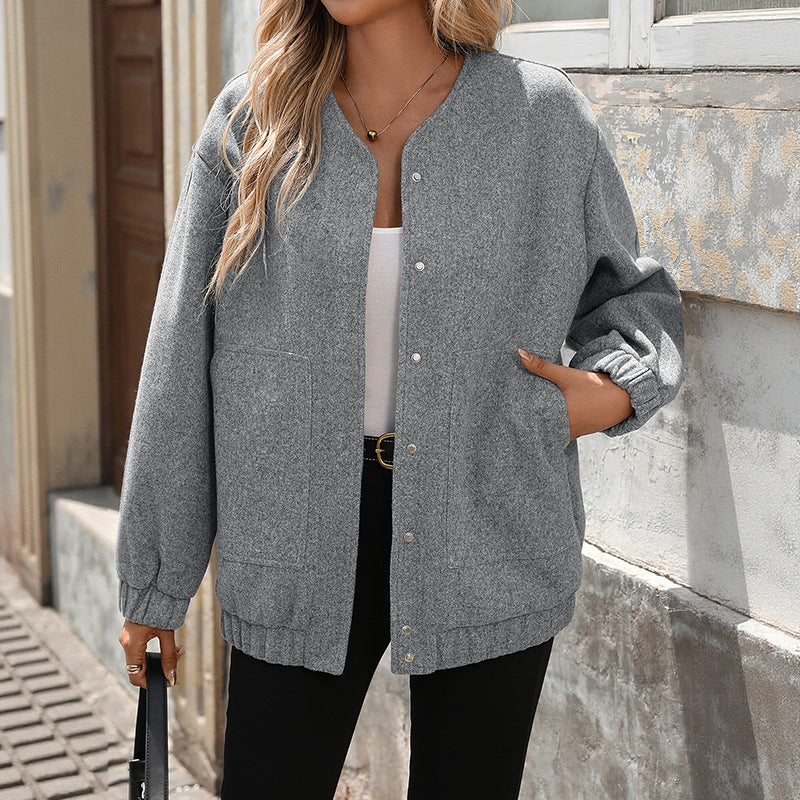 Women's oversized wool-look blouse jacket with snap button closure, elastic cuffs & patch pockets