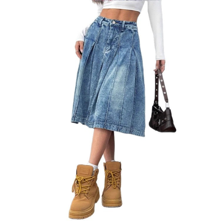 Ladies midi skirt made of denim with vintage wash, pleats and high waist Chichicherry