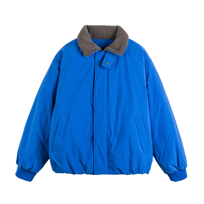 Unisex Short Cut Boxy Bomber Jacket with Teddy Turn-Down Collar and Concealed Front Chichicherry