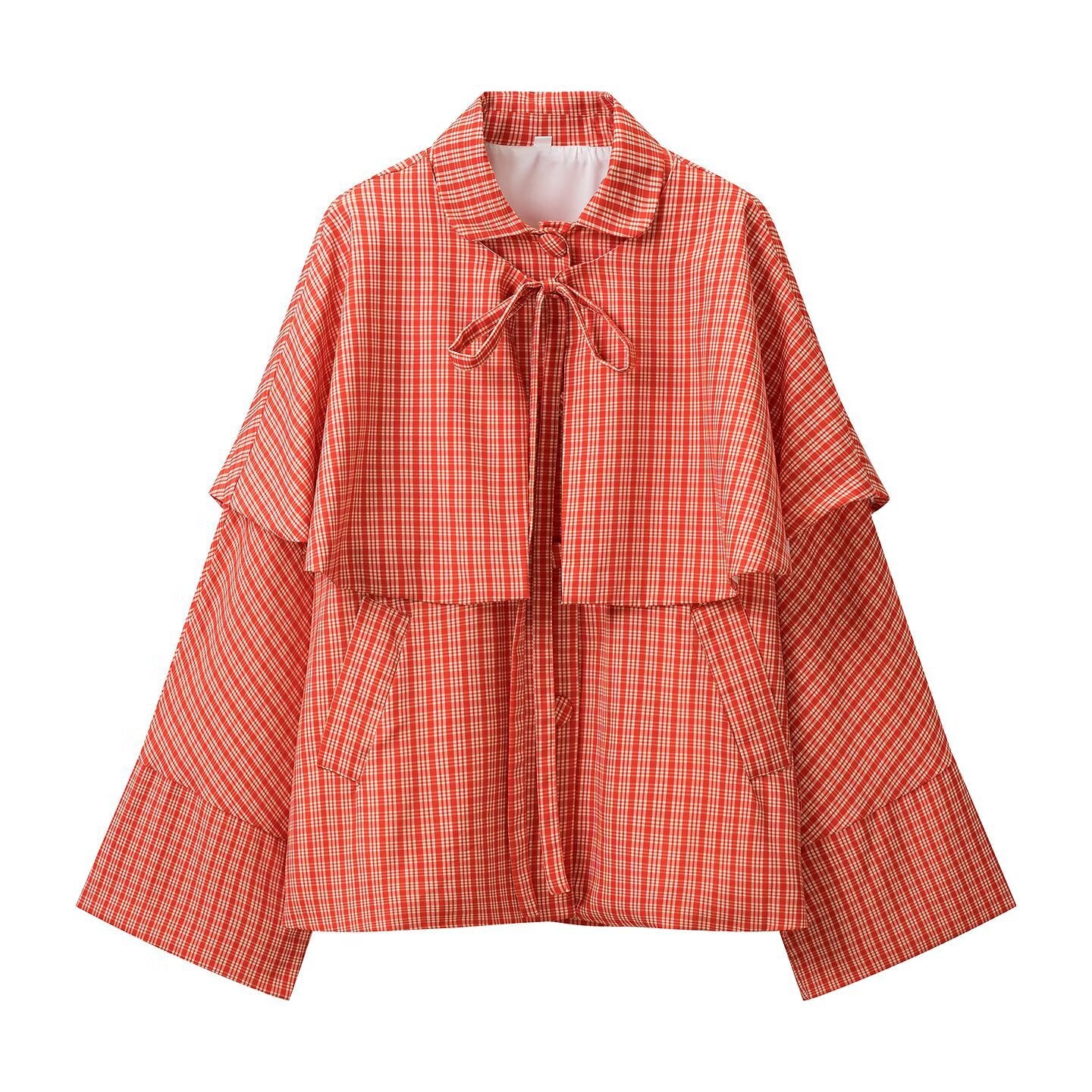 Women Short Cape Coat with Large Overwrap, Ties and Patch Pockets Chichicherry