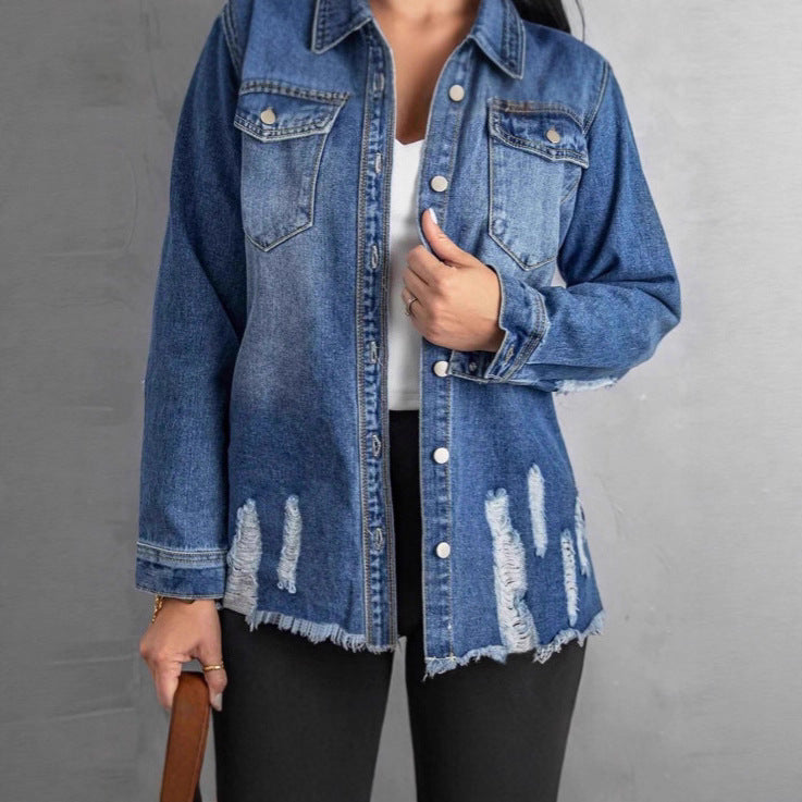 Women Casual Oversized Denim Jacket with Destroyed Details, Shirt Collar and Fringed Hem Chichicherry