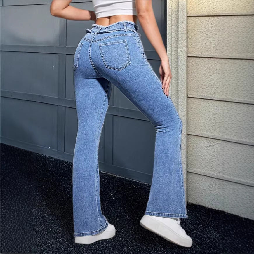 Women's High-Waisted Flared Jeans with Frayed Waistband and Center Stitch Chichicherry