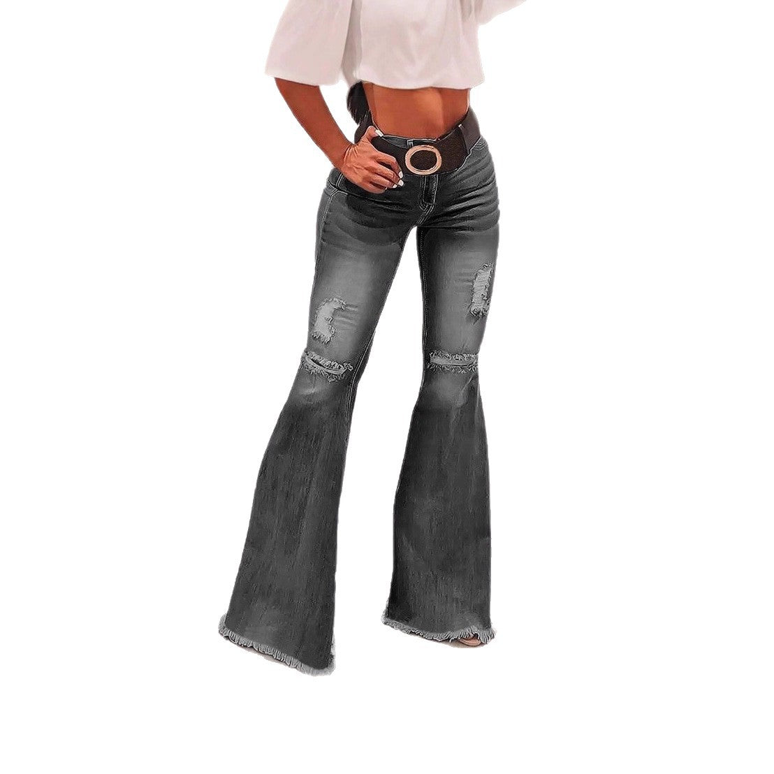 Women's High-Waisted Flared Jeans with Knee Rips, Frayed Hem and Flared Leg Chichicherry