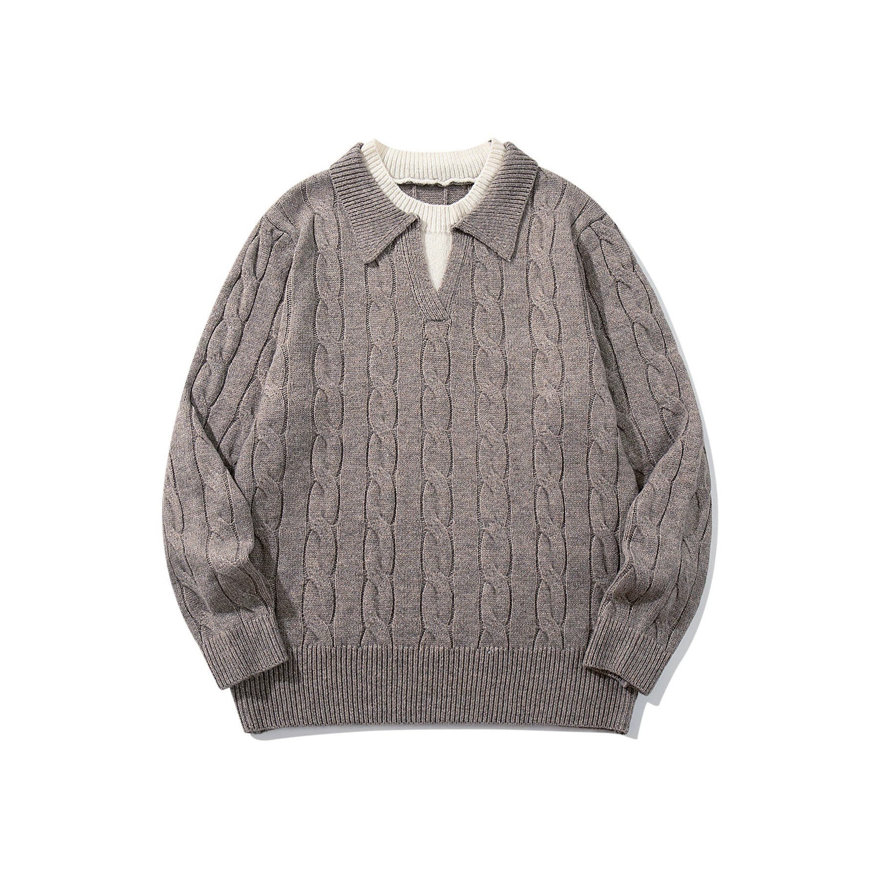 Unisex Structured Cable Knit Sweater with Polo Collar and Deep V-neck Chichicherry
