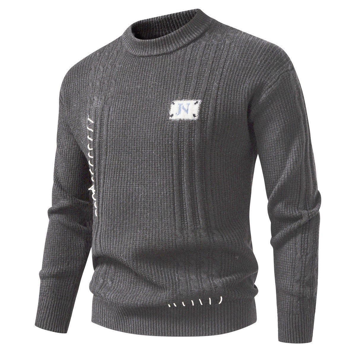 Men's Structured Ribbed Knit Pullover with Decorative Seams and Logo Patch Chichicherry