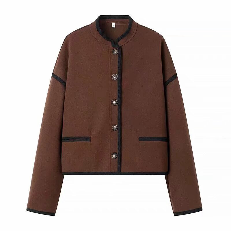Women's short jacket with round neck, boxy cropped silhouette and contrast piping Chichicherry