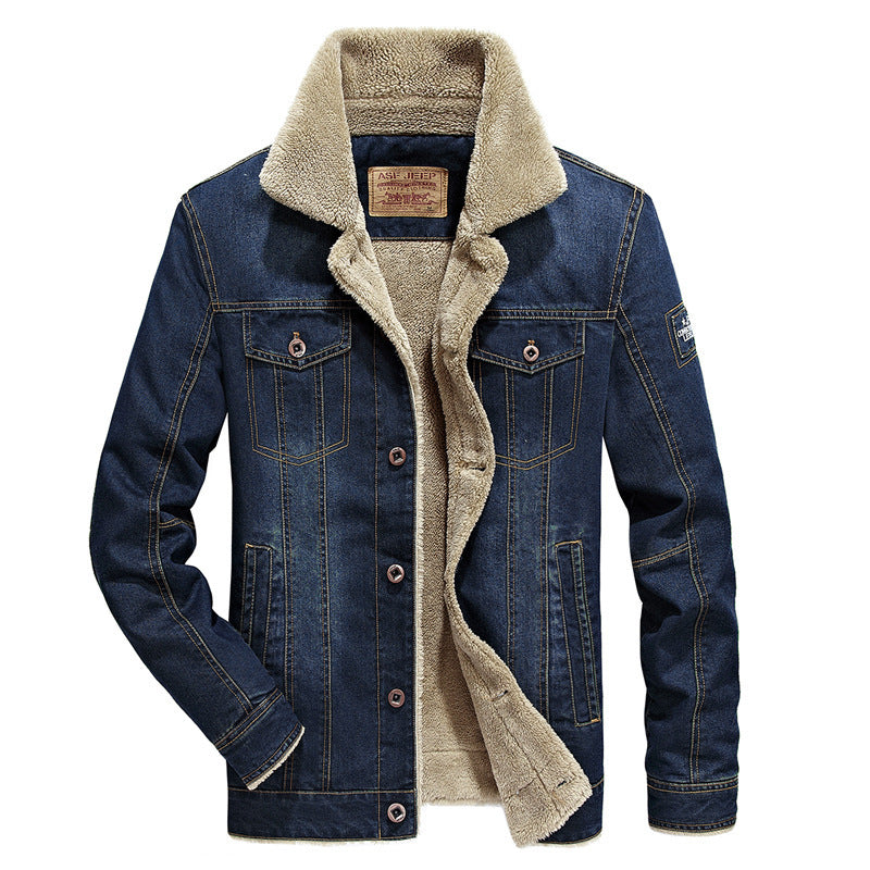 Men's jeans jacket with dense Sherpa lining, high collar, and utility pockets Chichicherry