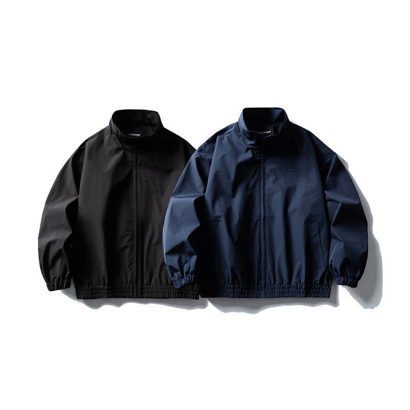 Men's Windbreaker Jacket in Boxy Cut with Stand-up Collar and Elastic Hem Chichicherry