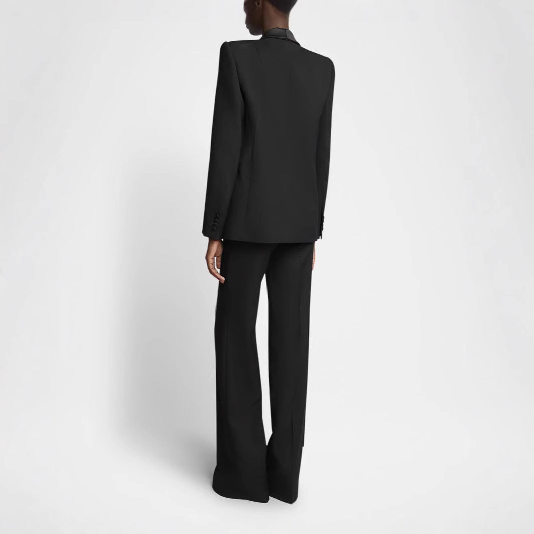 Women's Elegant Tuxedo Set with Satin Shawl Collar and Wide Palazzo Pants Cut Chichicherry