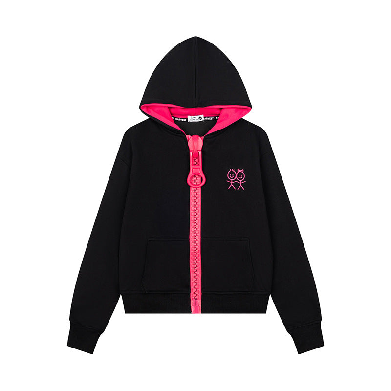 Women's Hoodie Sweat Jacket with Oversized Zipper and Minimalist Embroidery Chichicherry
