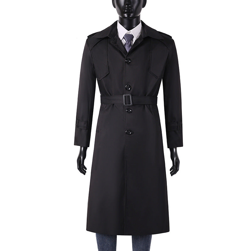 Men's Long Cut Trench Coat with Classic Lapels and Water-Repellent Finish Chichicherry