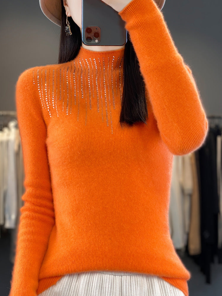 Women's Cashmere-Look Mockneck Sweater with Sparkling Rhinestone Cascade Chichicherry