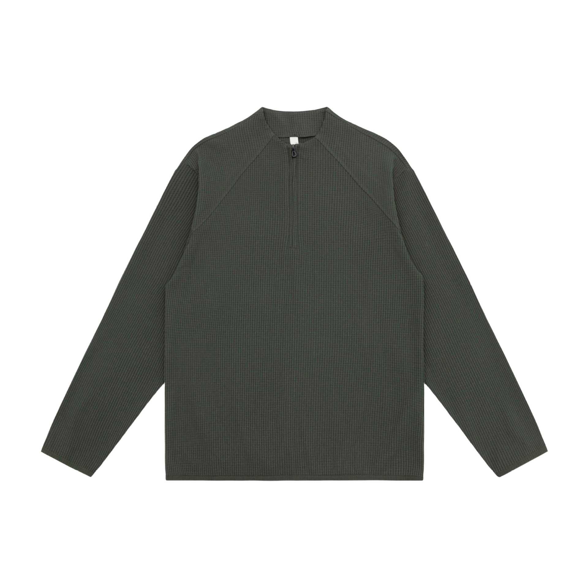Unisex Waffle Structure Half-Zip Pullover with Short Zipper and Boxy Silhouette Chichicherry