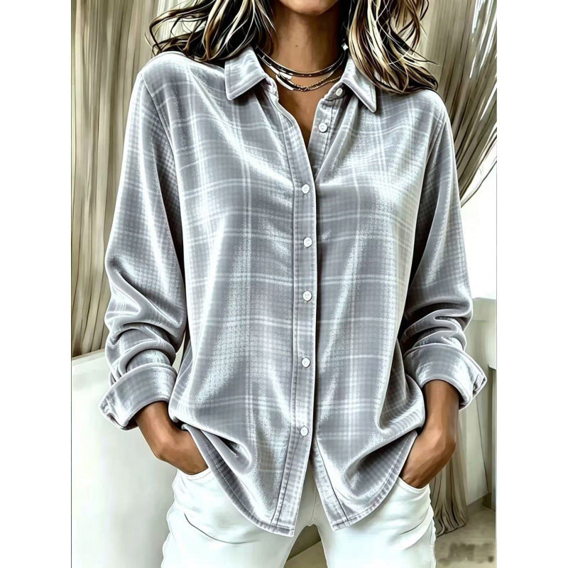 Women's velvet shirt blouse in relaxed fit with fine check pattern and mother-of-pearl buttons Chichicherry