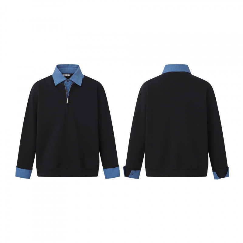 Unisex Oversize-Halfzip-Sweatshirt with contrasting shirt collar and denim cuffs Chichicherry