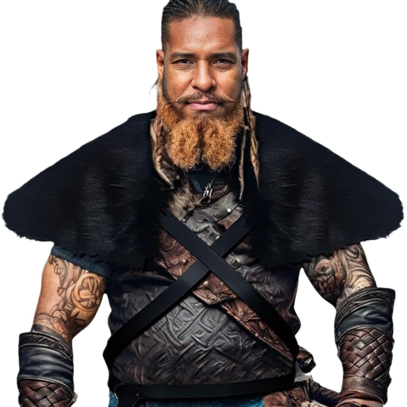 Men's Medieval Leather Jerkin with Faux Fur Shoulder Cape and Braided Arm Guards Chichicherry