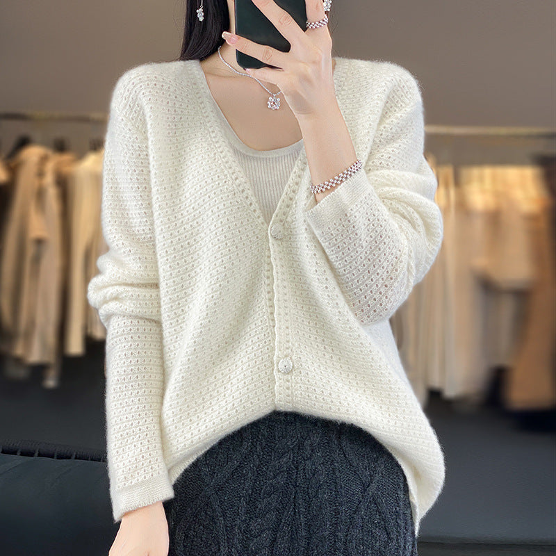 Women's Open Lace Knit Cardigan with Subtle Fuzzy Finish and Boxy Oversized Silhouette Chichicherry